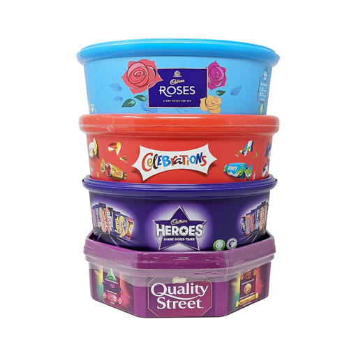 Assorted Christmas Chocolate Tubs Selection – Pack of 5 – Bulk Buy of Roses, Heroes, Quality Street, Celebrations Chocolate Pralines & 1 Terry’s Orange Chocolate with Topline Card for Chocolate Gifts